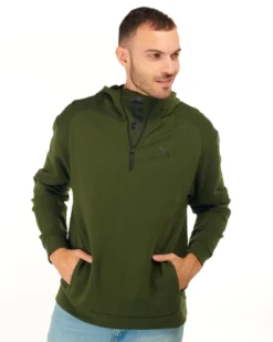 PUMA - Felpa da uomo verde scuro con cappuccio e zip frontale