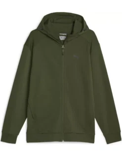 PUMA - Felpa da uomo verde scuro con zip frontale e cappuccio
