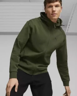 PUMA - Felpa da uomo verde scuro con zip frontale e cappuccio