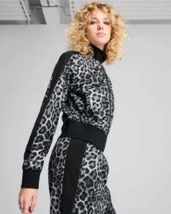 PUMA - FELPA LEOPARD T7 LUXE AOP SHORT TRACK CON BANDE NERE DA DONNA , 632342-01