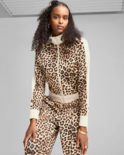 PUMA - FELPA LEOPARD T7 LUXE AOP SHORT TRACK CON BANDE BEIGE DA DONNA , 632342-87