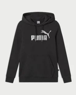 PUMA - Felpa nera da donna con cappuccio e logo glitter argento