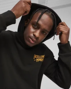 PUMA - Felpa nera da uomo con cappuccio e stampa gialla