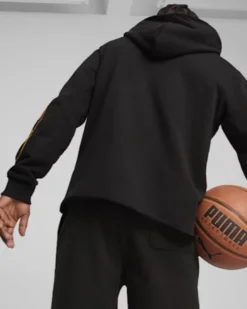 PUMA - Felpa nera da uomo con cappuccio e stampa gialla
