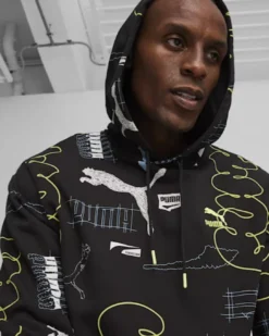 PUMA - Felpa nera da uomo con cappuccio e stampa logo