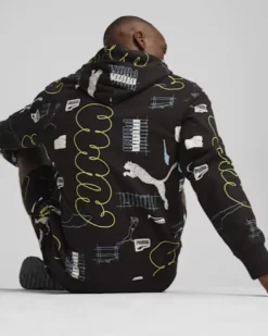 PUMA - Felpa nera da uomo con cappuccio e stampa logo