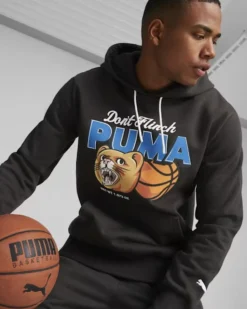 PUMA - Felpa nera da uomo con cappuccio e stampa frontale