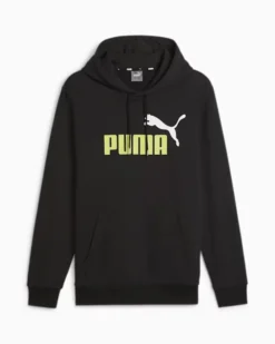 PUMA - Felpa nera da uomo con cappuccio e logo verde fluo