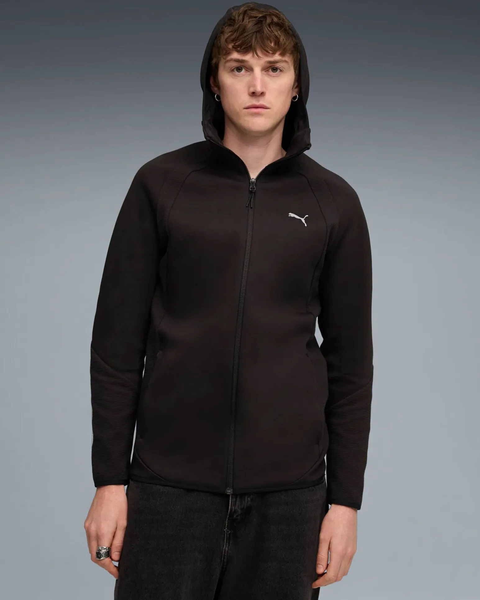 PUMA - GIUBBINO CON CAPPUCCIO FULL ZIP NERA EVOSTRIPE FZ HD DA UOMO, 688231-01