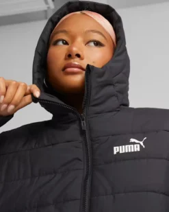 PUMA - Giubbotto da donna nero idrorepellente con zip frontale e cappuccio