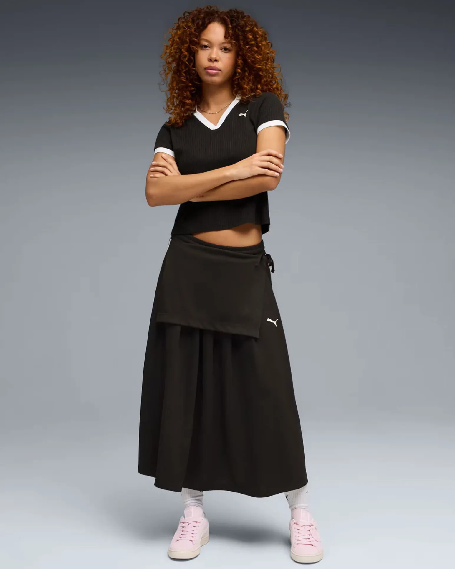 PUMA -GONNA T7 MIDI PLEATED NERA CON BANDE BIANCHE, 634622-01