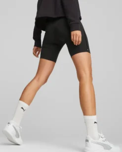 PUMA - Pantaloncini corti da donna neri con logo bianco e stampa logo laterale