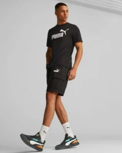 PUMA - Pantaloni corti cargo da uomo neri con logo bianco