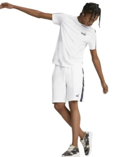 PUMA - Pantaloni corti da uomo bianchi con logo nero e stampa logo arcobaleno sui lati