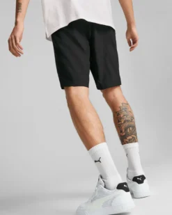 PUMA - Pantaloni corti da uomo neri con logo grigio e lacci