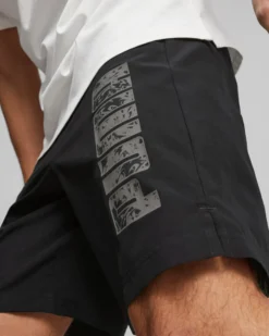 PUMA - Pantaloni corti da uomo neri con logo grigio e lacci