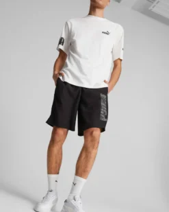 PUMA - Pantaloni corti da uomo neri con logo grigio e lacci