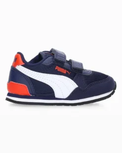 PUMA - Sneakers da bambino blu  e bianca con dettagli rossi e soletta in memory foam, numerata 28/35 - ST RUNNER V3 MESH V PS