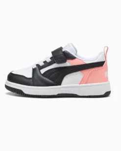 PUMA - SNEAKERS KIDS REBOUND V6 LO AC+TD BIANCHE CON DETTAGLI NERI E ROSA PESCA  DAL 20 AL 27, 397420-24
