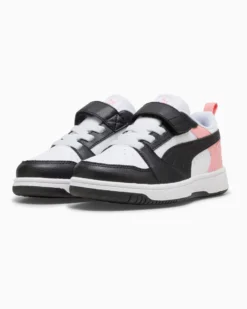 PUMA - SNEAKERS KIDS REBOUND V6 LO AC+TD BIANCHE CON DETTAGLI NERI E ROSA PESCA  DAL 20 AL 27, 397420-24