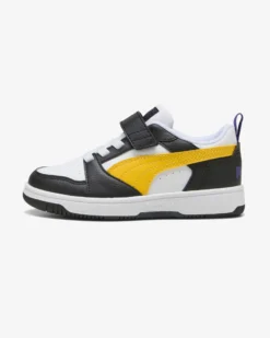 PUMA -  SNEAKERS KIDS REBOUND V6 LO BIANCA CON DETTAGLI NERI E GIALLI DAL 28 AL 35,  397419-23