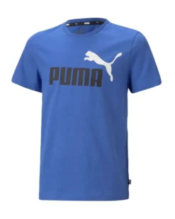 PUMA - T shirt da bambino blu in cotone con logo bianco e nero