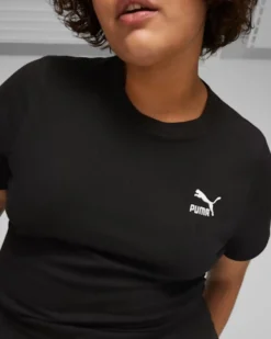 PUMA - T shirt da donna slim fit a coste nera con logo bianco