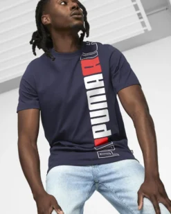 PUMA - T shirt da uomo blu con stampa logo verticale
