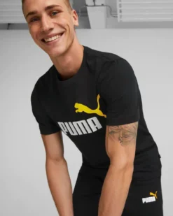 PUMA - T shirt da uomo gialla in cotone con logo bianco e nero