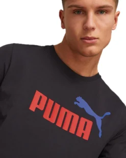 PUMA - T shirt da uomo nera in cotone con logo rosso e blu