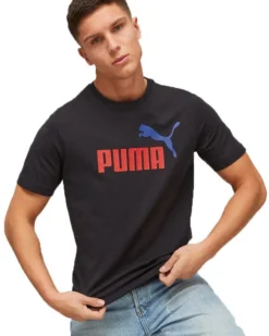 PUMA - T shirt da uomo nera in cotone con logo rosso e blu