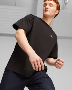 PUMA - T shirt da uomo nera relaxed fit con logo bianco