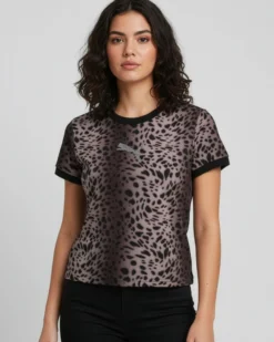 PUMA - T-SHIRT DONNA MEZZA MANICA  LEOPARTATA MARRONE E NERA ESSENTIALS   GRAPHICS LEO LUXE, 634562-01