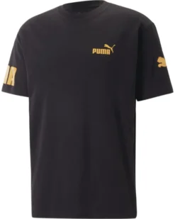 PUMA - T shirt girocollo da uomo nera con logo oro relaxed fit