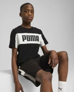 PUMA - T-SHIRT JUNIOR ( 7-16 ANNI) MEZZA MANICA NERA E BIANCA ESSENTIAL BLOCK TEE, 685818-01