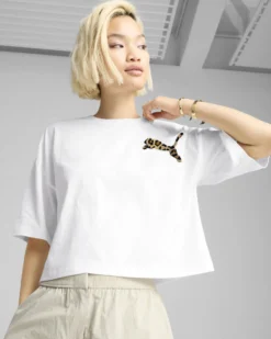 PUMA - T-SHIRT MEZZA MANICA BIANCA  LOEPARDATA UXE OVERSIZED SHORT  DA DONNA, 632337-02