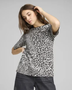 PUMA - T-SHIRT NERA, GRIGIA  E BIANCA  ESSENTIALS GRAPHIC ANIMAL RELAXED DA DONNA, 688533-01