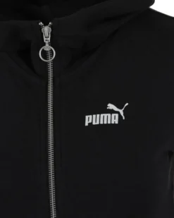 PUMA - Tuta completa da donna nera con cappuccio zip frontale e dettagli argento glitter