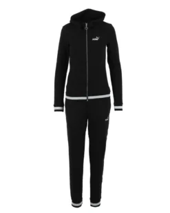 PUMA - Tuta completa da donna nera con cappuccio zip frontale e dettagli argento glitter