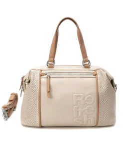 REFRESH - Borsa a mano beige con logo in rilievo e inserti traforati, tracolla removibile