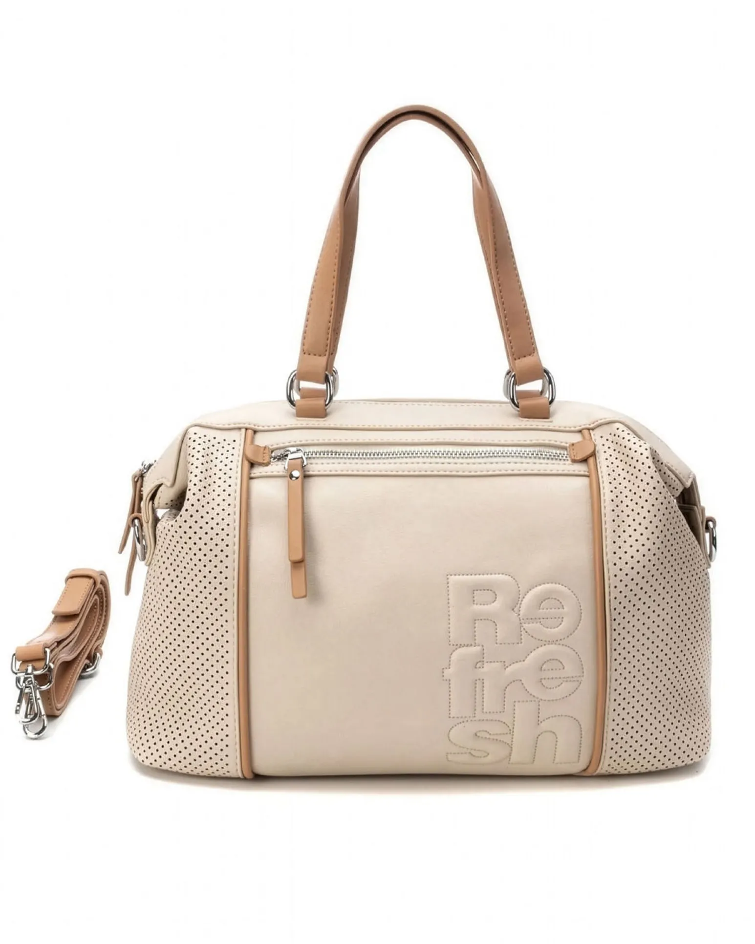 REFRESH - Borsa a mano beige con logo in rilievo e inserti traforati, tracolla removibile