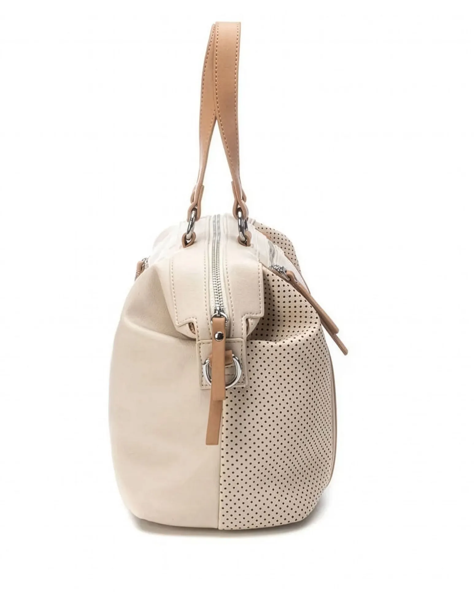 REFRESH - Borsa a mano beige con logo in rilievo e inserti traforati, tracolla removibile