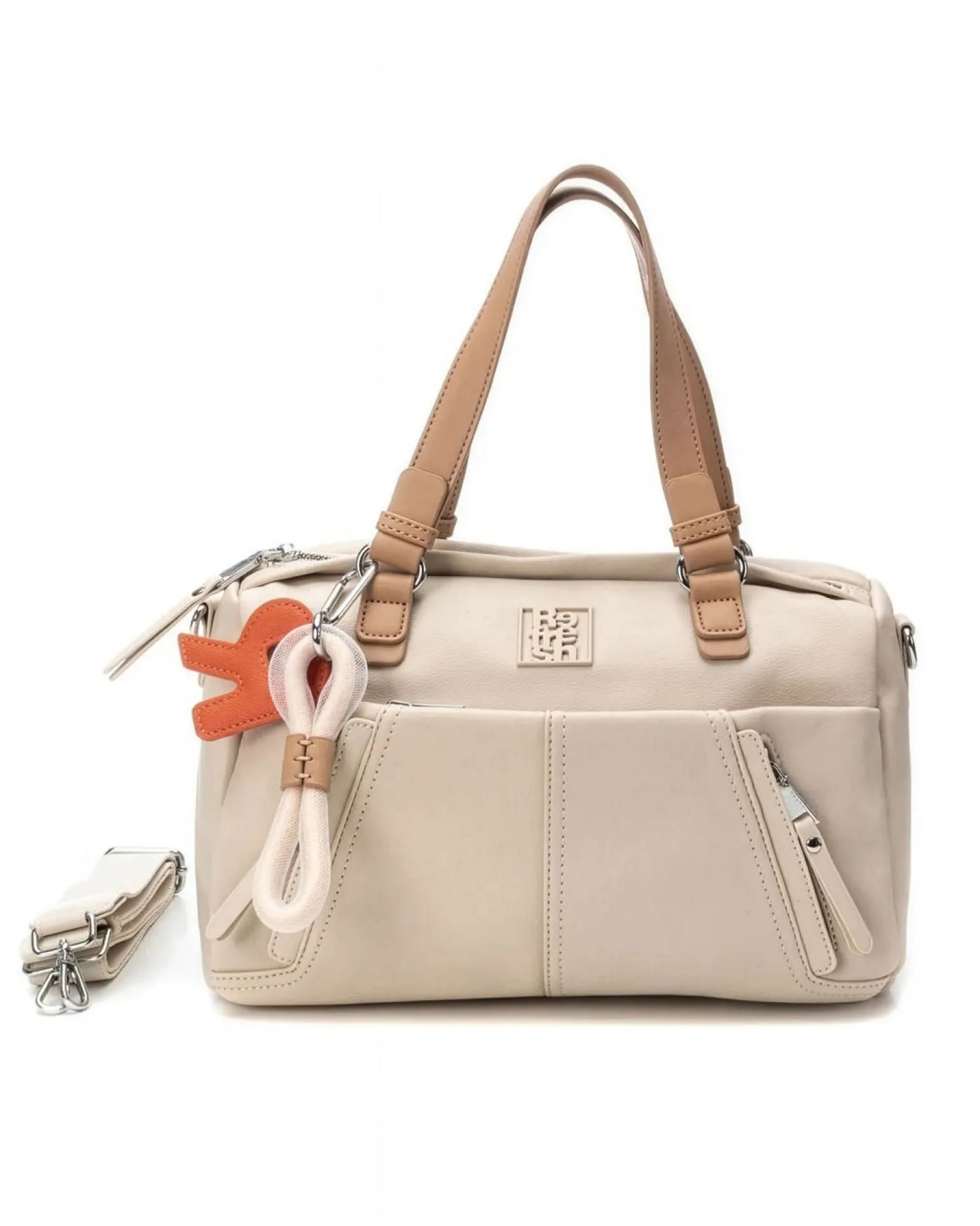 REFRESH - Borsa due manici beige con tasche frontali e moschettone con ciondoli, tracolla removibile