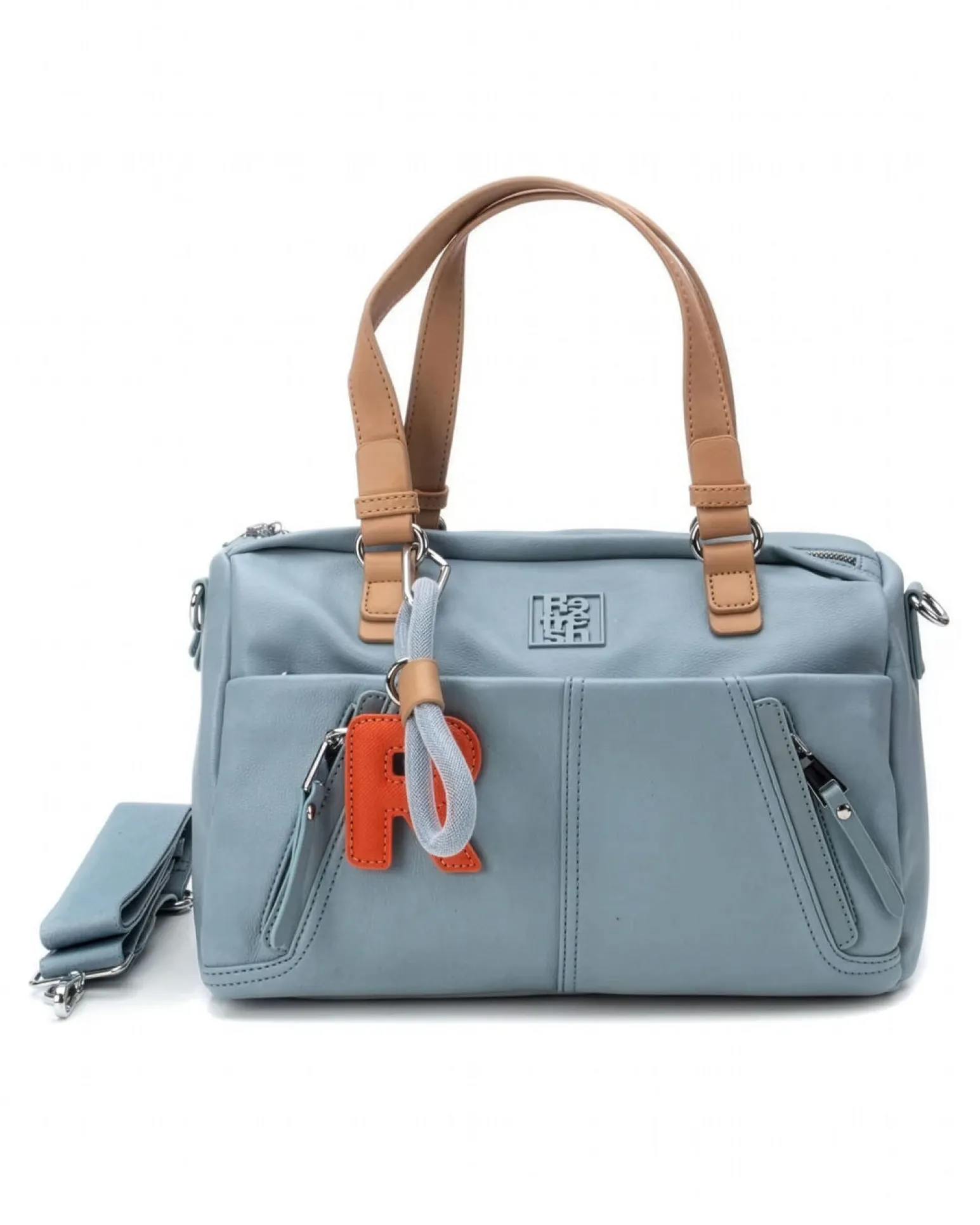 REFRESH - Borsa due manici jeans con tasche frontali e moschettone con ciondoli, tracolla removibile