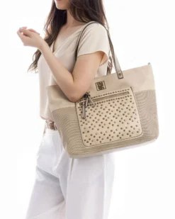 REFRESH - Borsa shopping beige con borchie, tracolla removibile