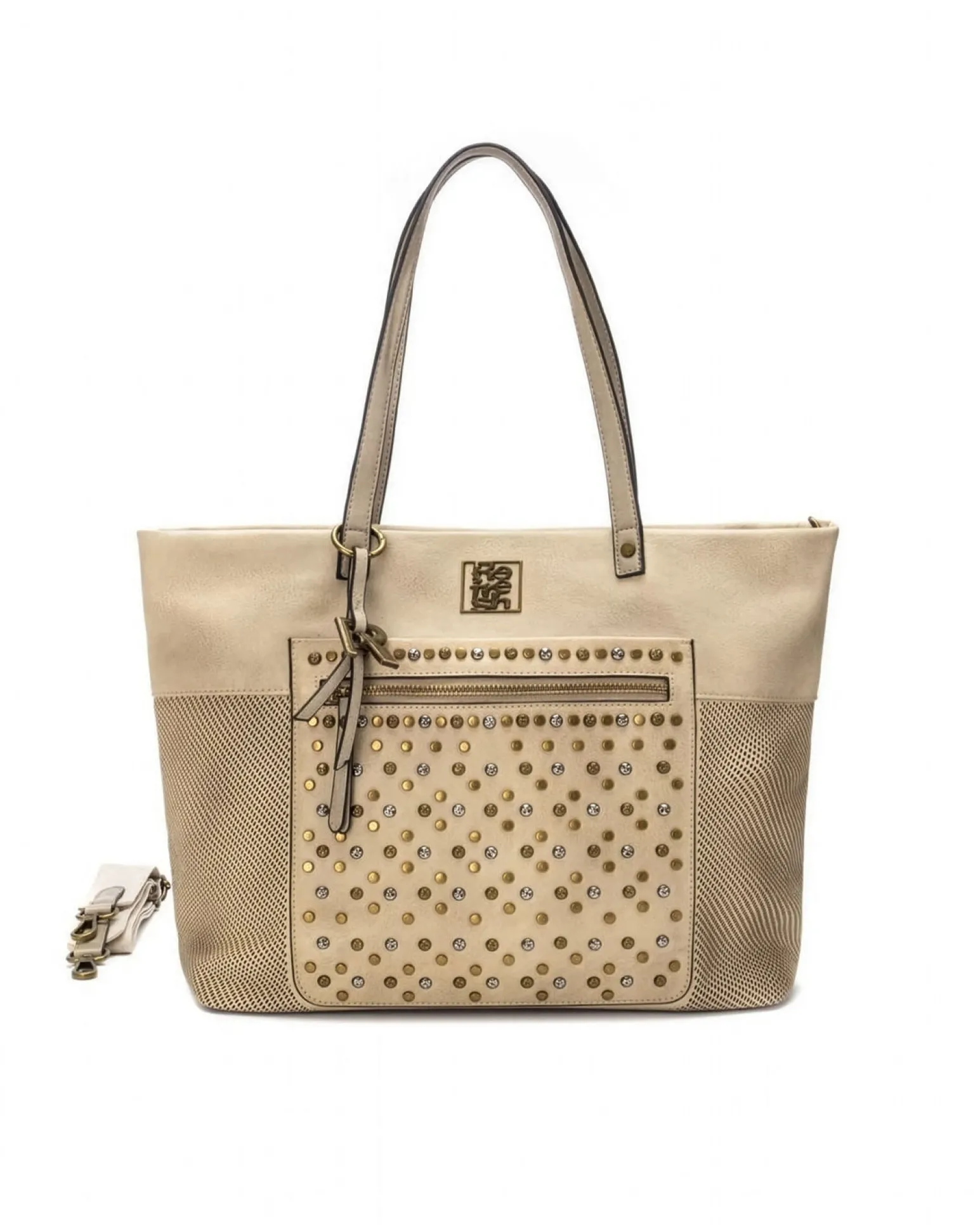 REFRESH - Borsa shopping beige con borchie, tracolla removibile