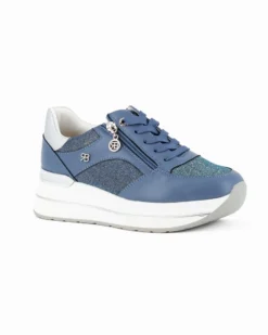 RENATO BALESTRA - Scarpa sneakers blu con soletta estraibile in VERA PELLE, lacci e zip laterale