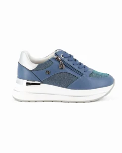 RENATO BALESTRA - Scarpa sneakers blu con soletta estraibile in VERA PELLE, lacci e zip laterale