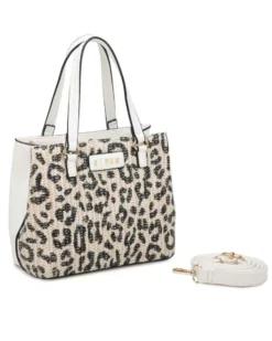 RIFLE - Borsa a due manici beige con tre scomparti interni e trama frontale maculata a intreccio, tracolla removibile