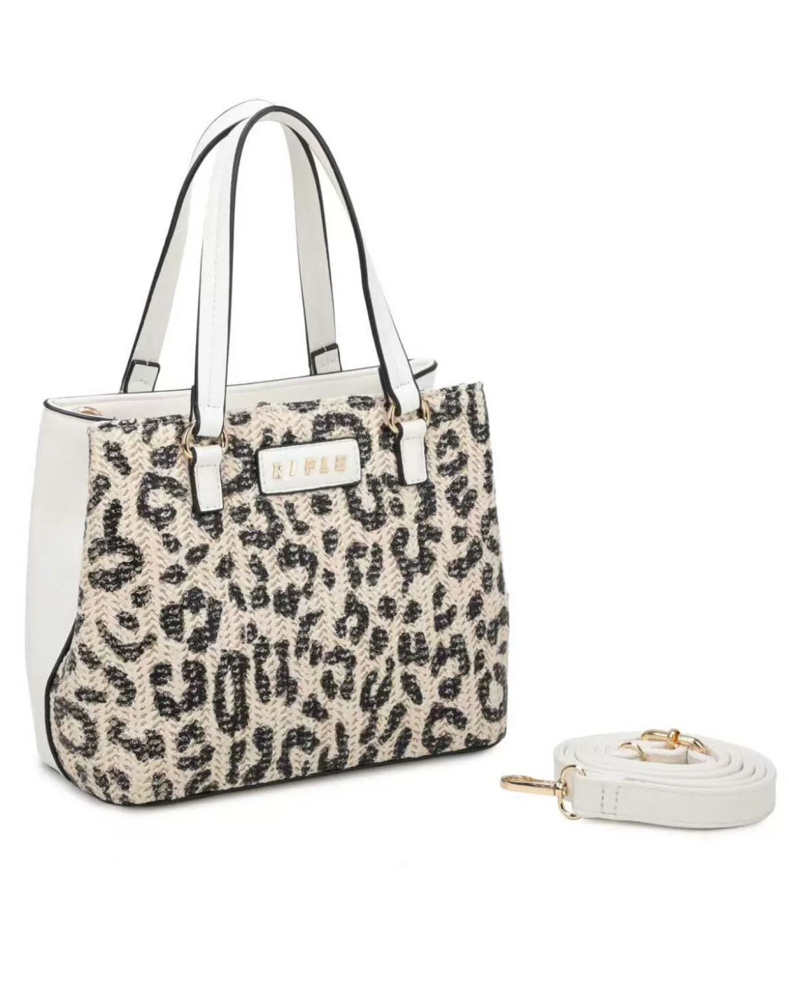 RIFLE - Borsa a due manici beige con tre scomparti interni e trama frontale maculata a intreccio, tracolla removibile